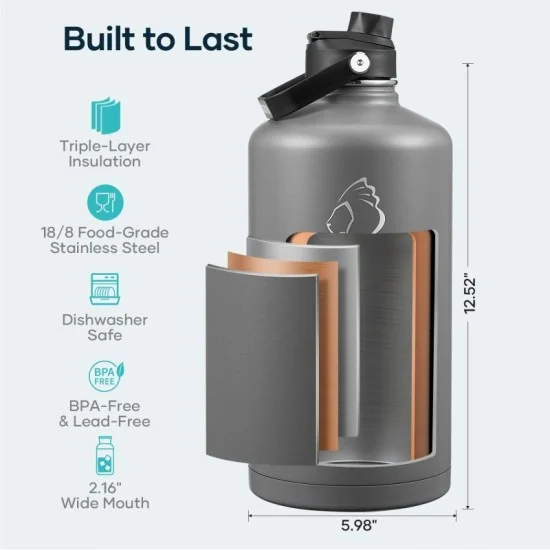 Buzio Duet Series Gallon Bottle with 2 Lids and Sleeve 3.8L - Grey